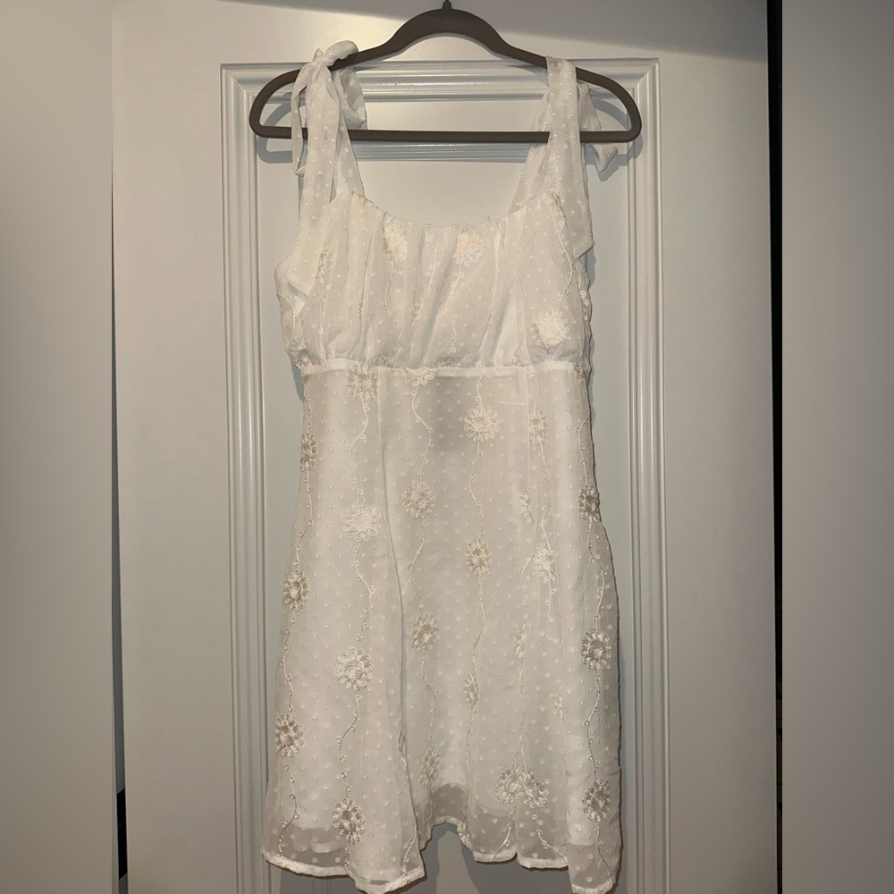 Lulus - Adorable Approach White Floral Embroidered Tie Strap Mini Dress